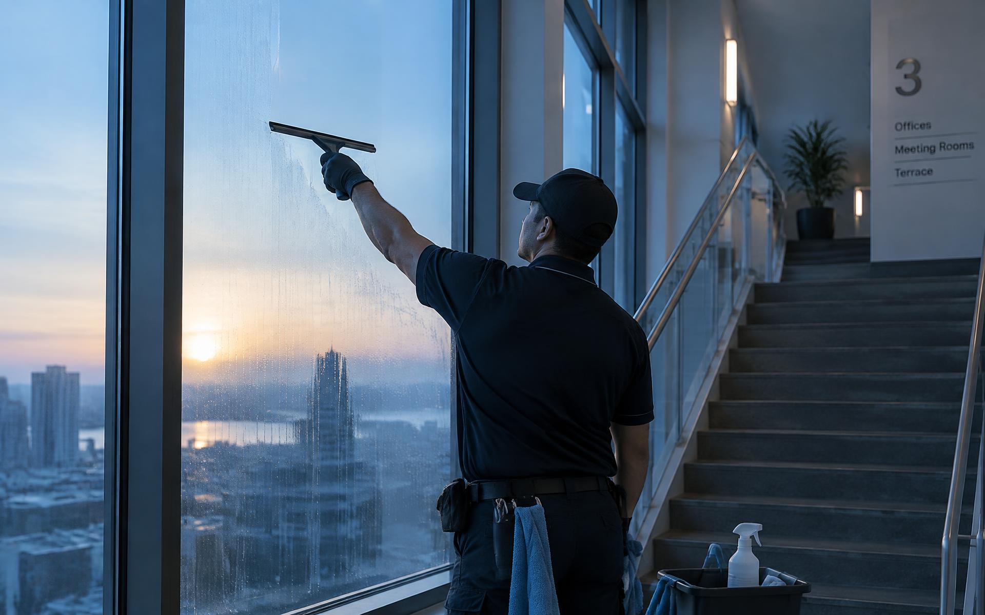 Mitarbeiter reinigt bei Tagesanbruch eine Glasfläche im Treppenhaus eines Bürogebäudes